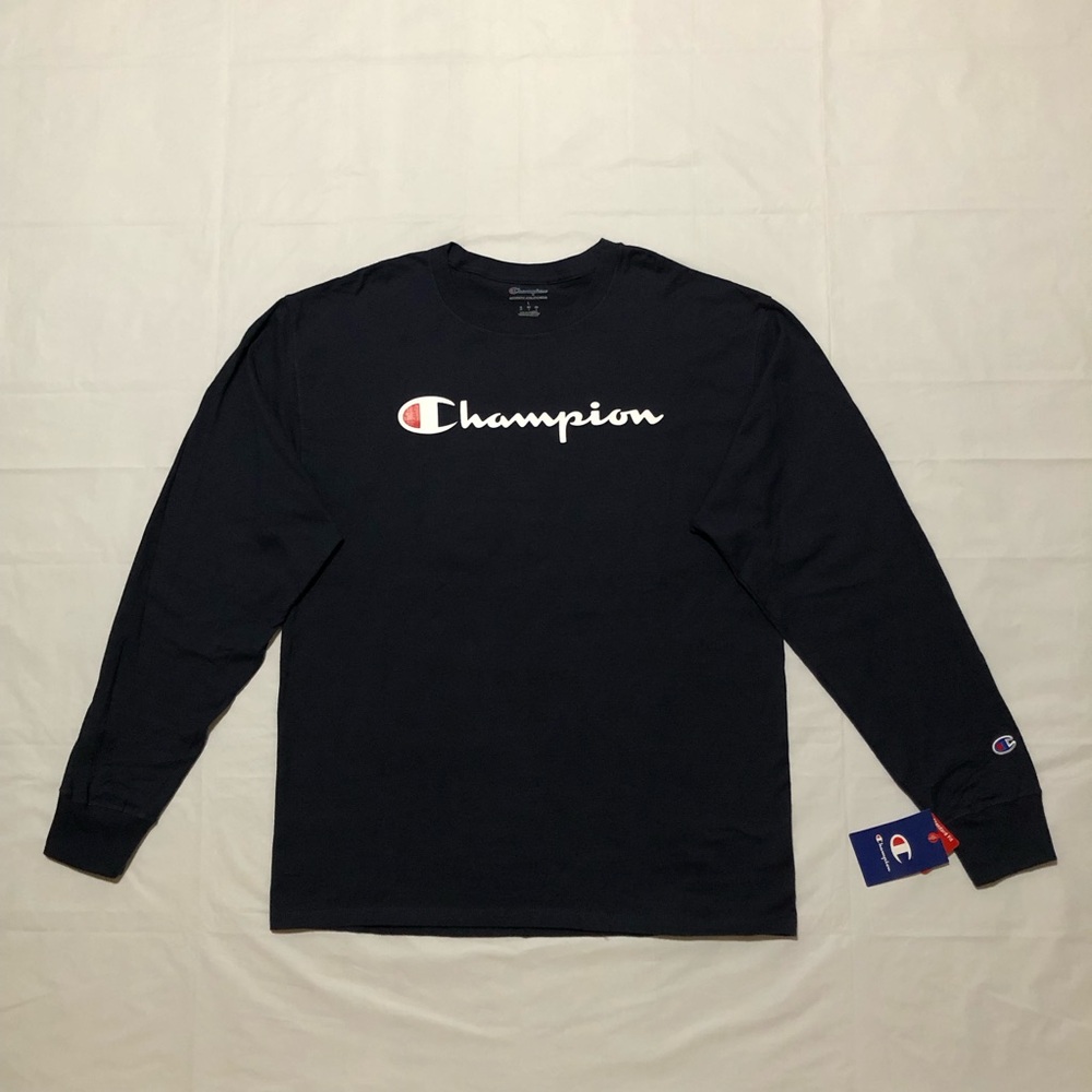 NWT Champion Men’s Long Sleeve Script Logo 100% Cotton Dark Blue T-Shirt L